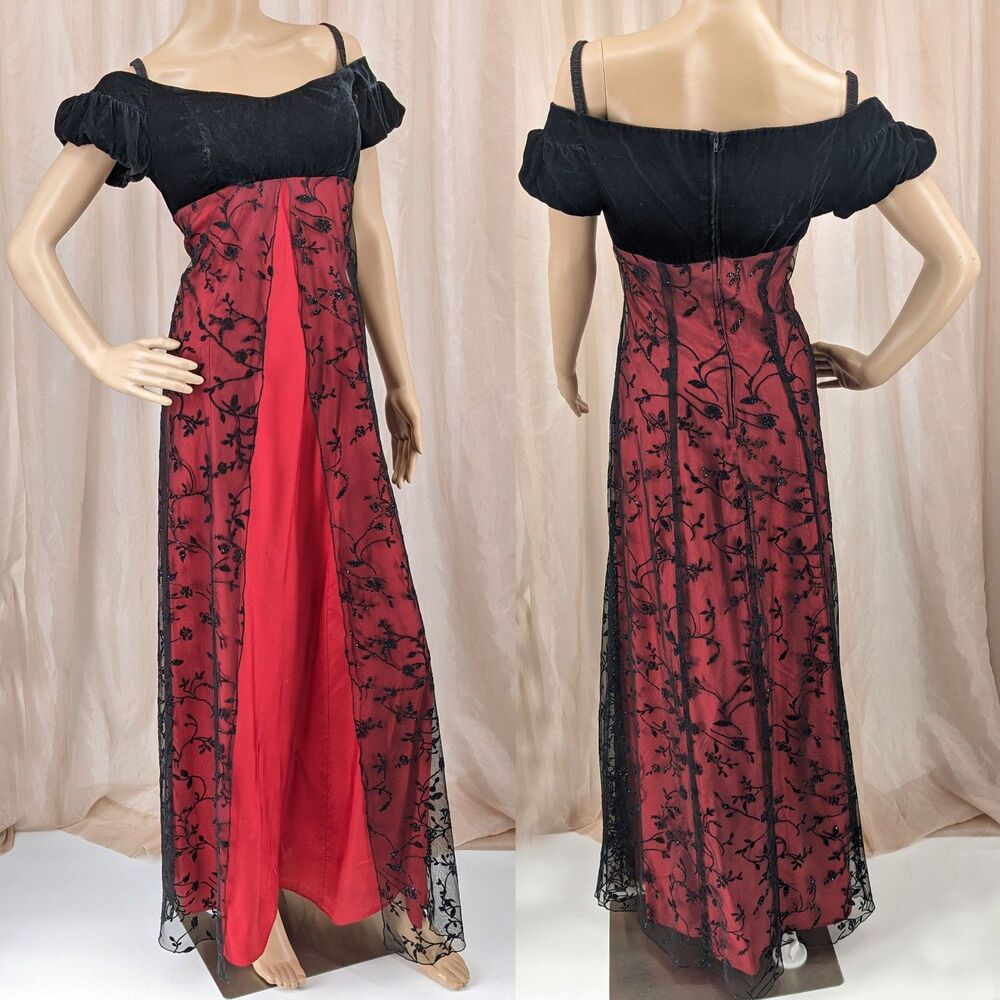Vintage 1990s Gown Red Velvet Split Skirt Black Lace Off Shoulder Goth JR 13